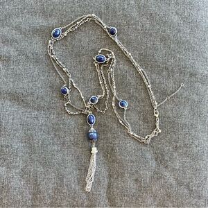 Silver tone necklace with blue cabochon and bead accents chain tassel drop